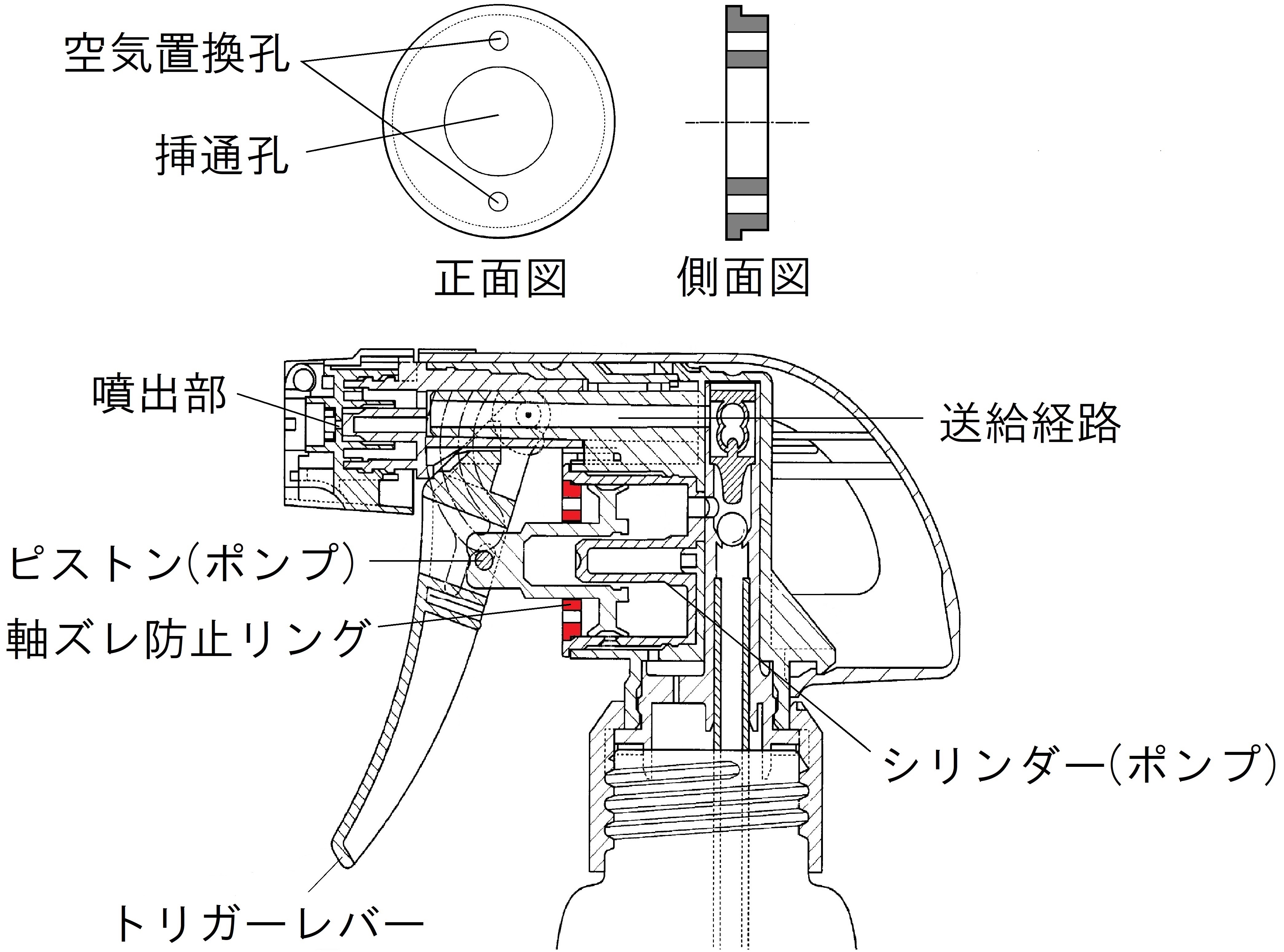 本発明の軸ズレ防止リング及び装着したトリガー式スプレーヤの構造